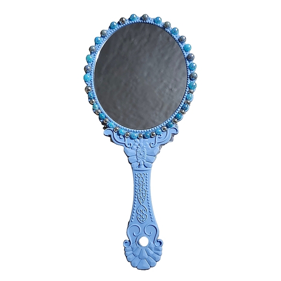 Handheld Makeup Mirror Bling Embellished Custom Decorated Blue - Picture 5 of 5